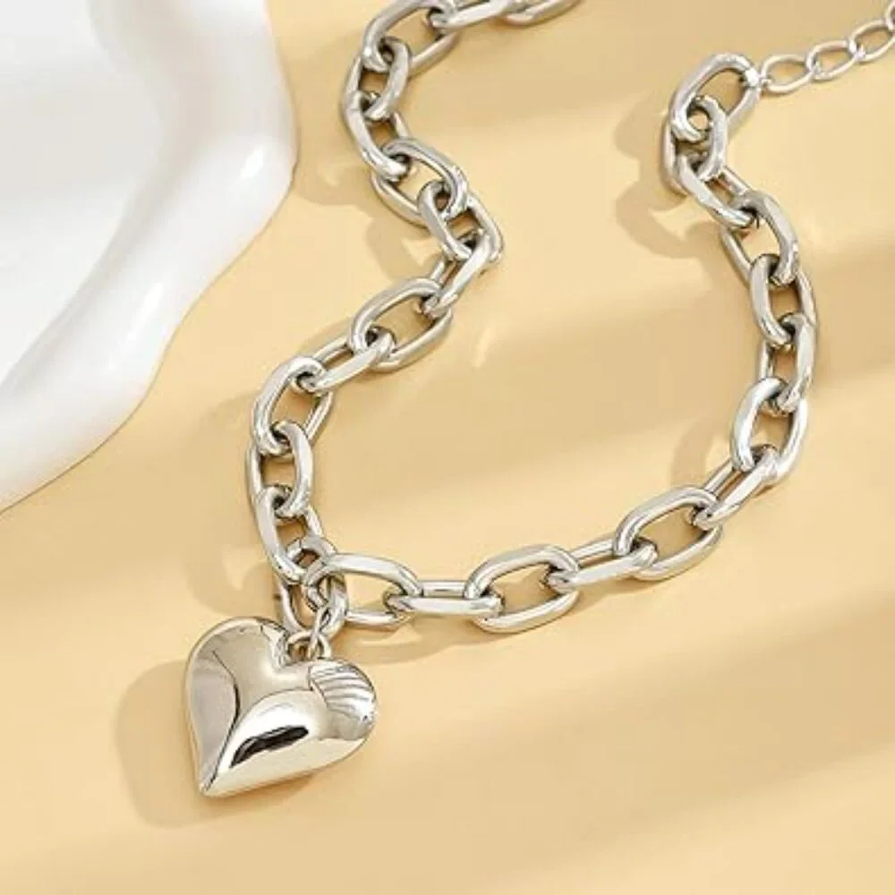 Silver Chunky Heart Necklace Statement Puffy Heart Pendant Chain Elegant Fashion